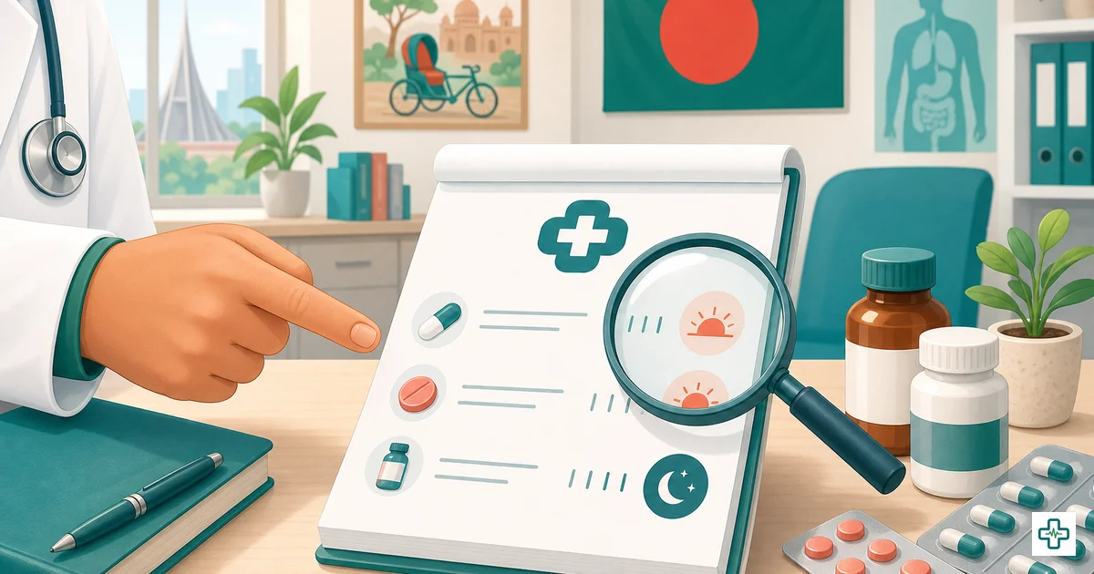 A doctor's prescription with the Rx symbol and dosage abbreviations like OD, BD and p.c. explained