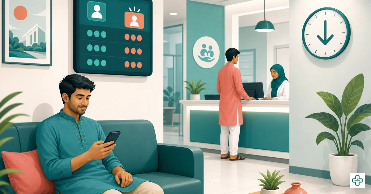 Patients waiting on chairs at a busy Bangladeshi clinic reception while a live token board shows the now-serving serial number