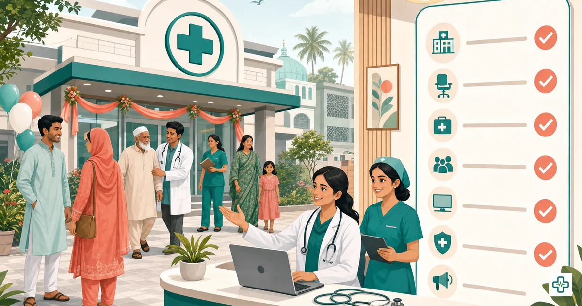 Entrepreneur and doctors planning the setup of a new multi-doctor clinic in Bangladesh with a checklist and floor plan