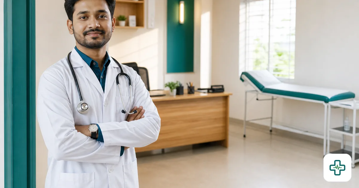 A newly set-up doctor's private chamber in Bangladesh with a desk, examination couch and patient chairs