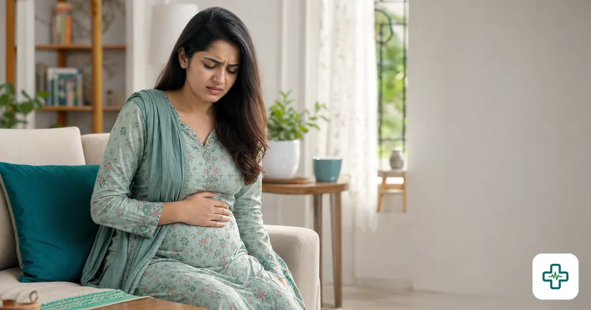A photorealistic image of a young Bangladeshi woman resting a hand on her bloated abdomen with a slight grimace, sitting at home