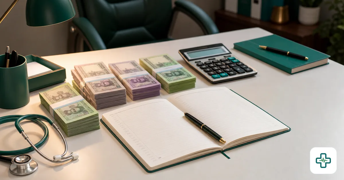 Bangladeshi doctor's desk with taka notes, ledger and calculator for chamber income tax accounting