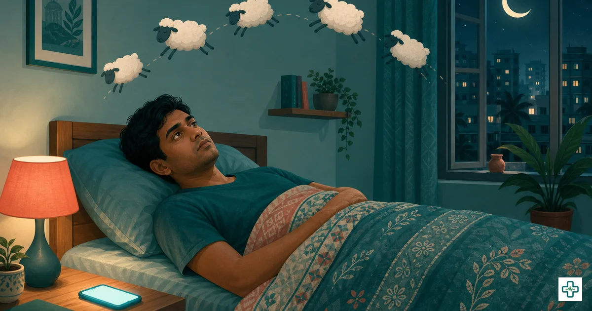 Illustration of a person sleeping peacefully with moon, clock and phone set aside