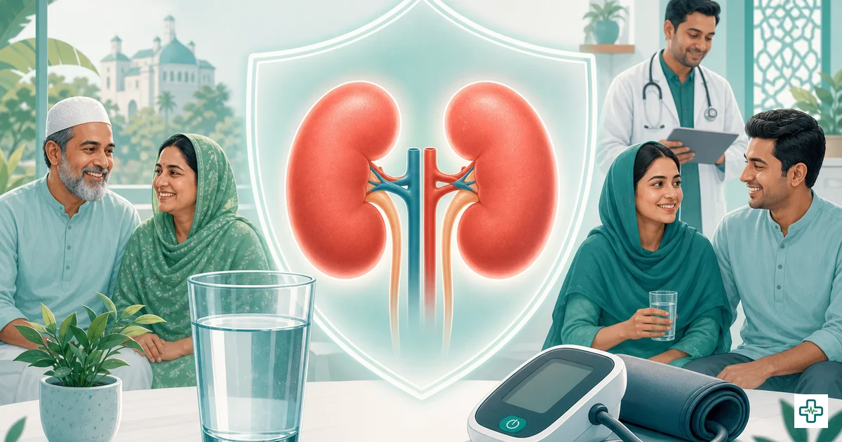 Illustration of healthy and damaged kidneys with early warning signs and a water glass