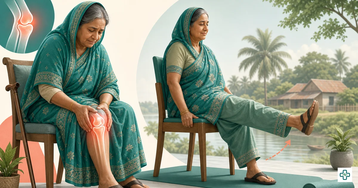 Illustration of an older adult doing gentle knee strengthening exercises at home