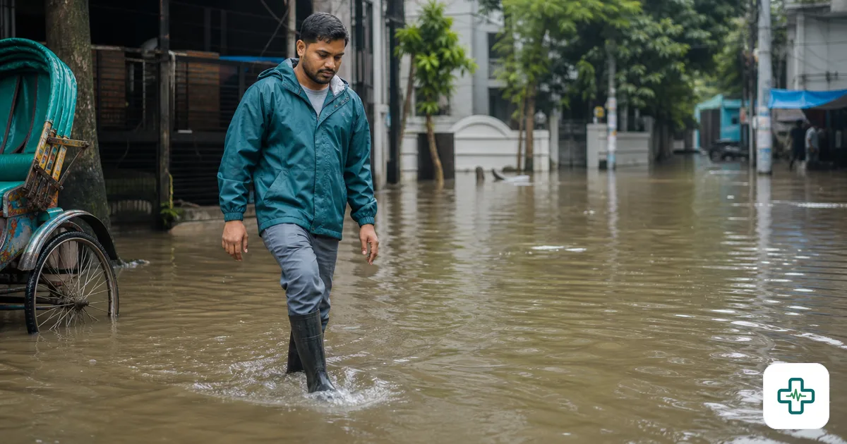 A person in rubber boots wading carefully through muddy monsoon flood water on a Bangladeshi street