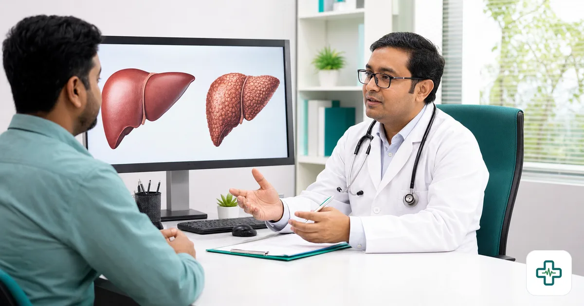 Photorealistic medical illustration comparing a healthy liver with a scarred cirrhotic liver, alongside a doctor explaining results to a Bangladeshi patient