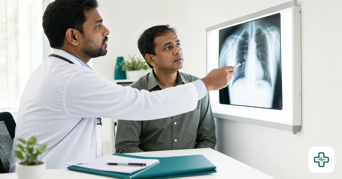 Photorealistic image of a doctor reviewing a chest X-ray on a lightbox while a middle-aged patient looks on in a clinic