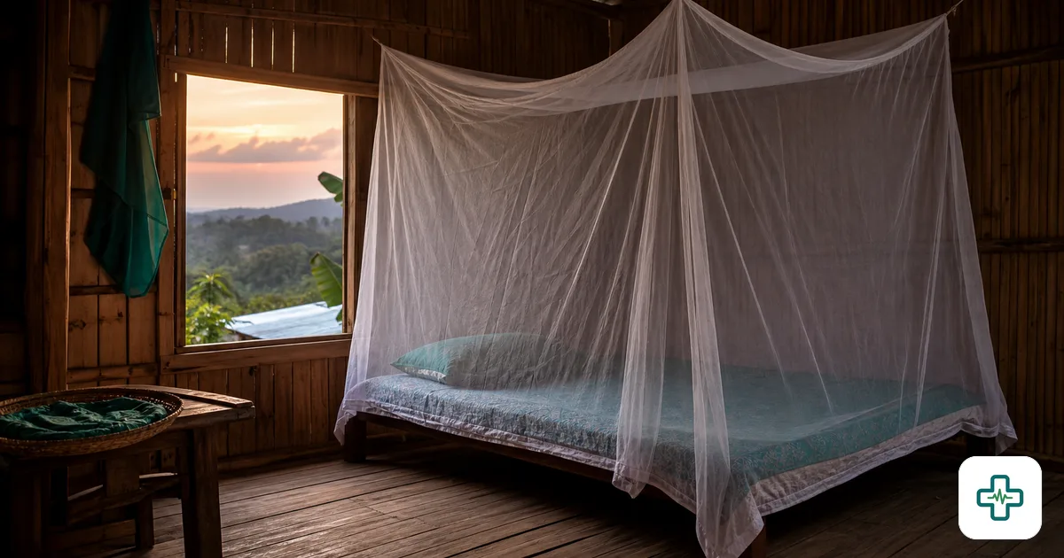 A photorealistic image of an insecticide-treated mosquito net hung over a simple bed inside a wooden hillside home in the Chittagong Hill Tracts at dusk