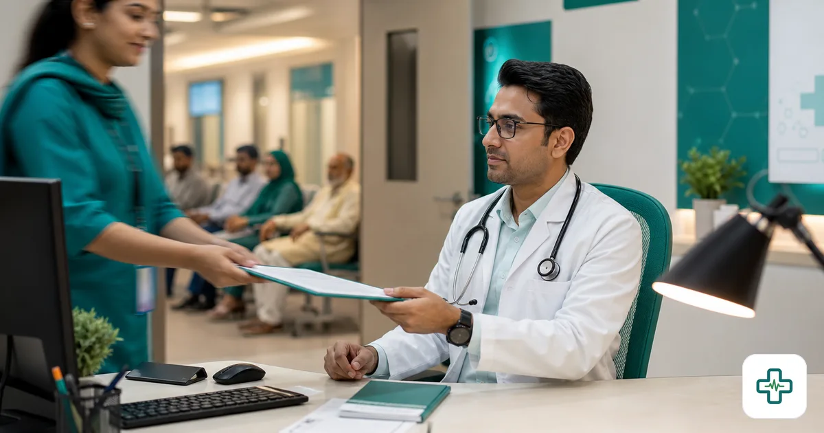Composed Bangladeshi doctor taking the next patient file from an assistant during a busy evening clinic