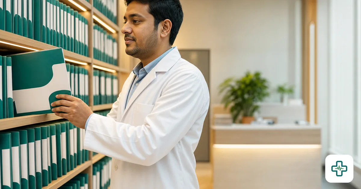 Bangladeshi doctor filing a patient record into an organised shelf of medical record folders