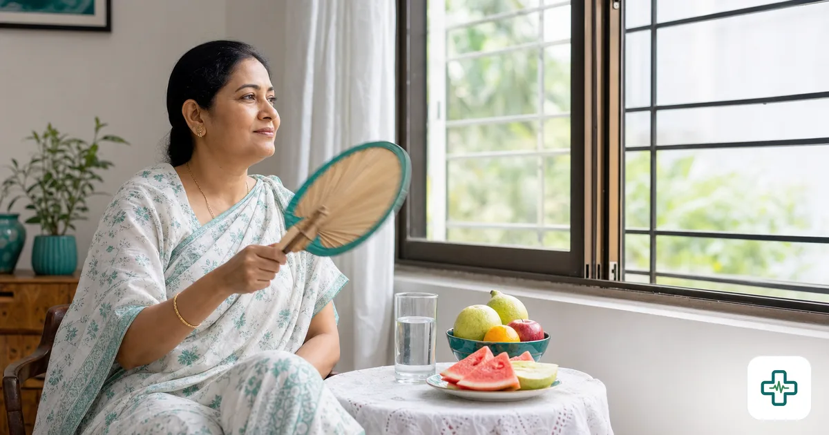 A photorealistic image of a calm middle-aged Bangladeshi woman fanning herself by an open window, with a glass of water and fruit on the table beside her