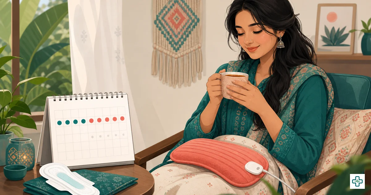 Illustration of menstrual health with calendar, sanitary pad and heat bag