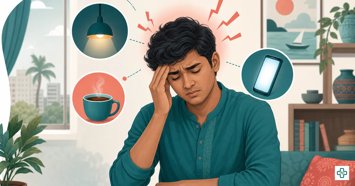 Illustration of a person with one-sided throbbing migraine pain avoiding bright light