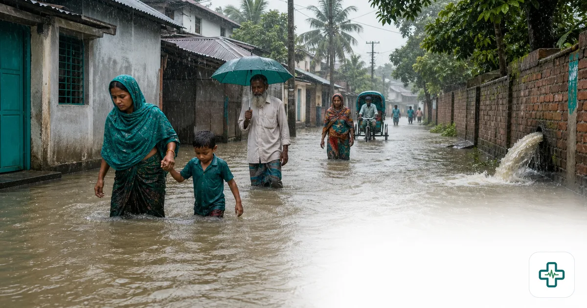 A flooded Bangladeshi street during heavy monsoon rain with people wading through murky water past overflowing drains and houses
