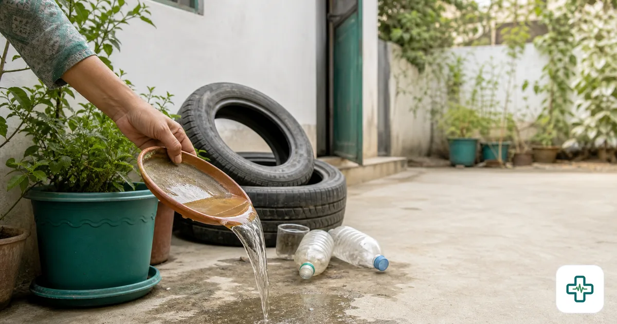 A hand tipping out collected rainwater from a plant pot saucer beside discarded tyres and bottles in a Bangladeshi home courtyard