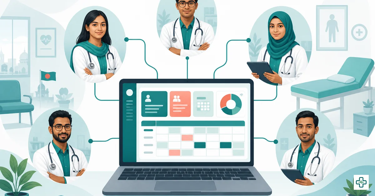 A reception desk in a Bangladeshi multi-doctor clinic showing several doctors' token queues and room schedules on one screen