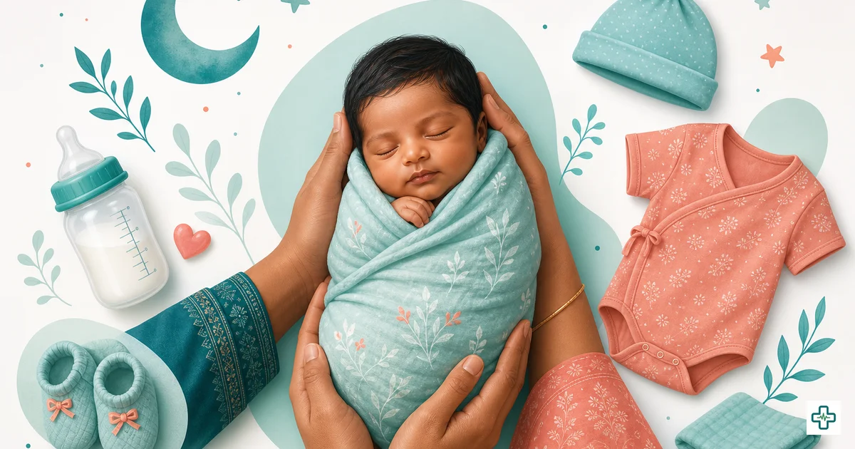 Illustration of Bangladeshi parents gently caring for their newborn baby at home