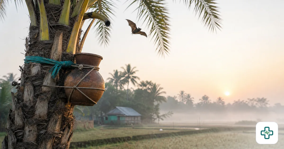 A clay collection pot tied to a date-palm tree at dawn in winter Bangladesh with a fruit bat silhouette nearby