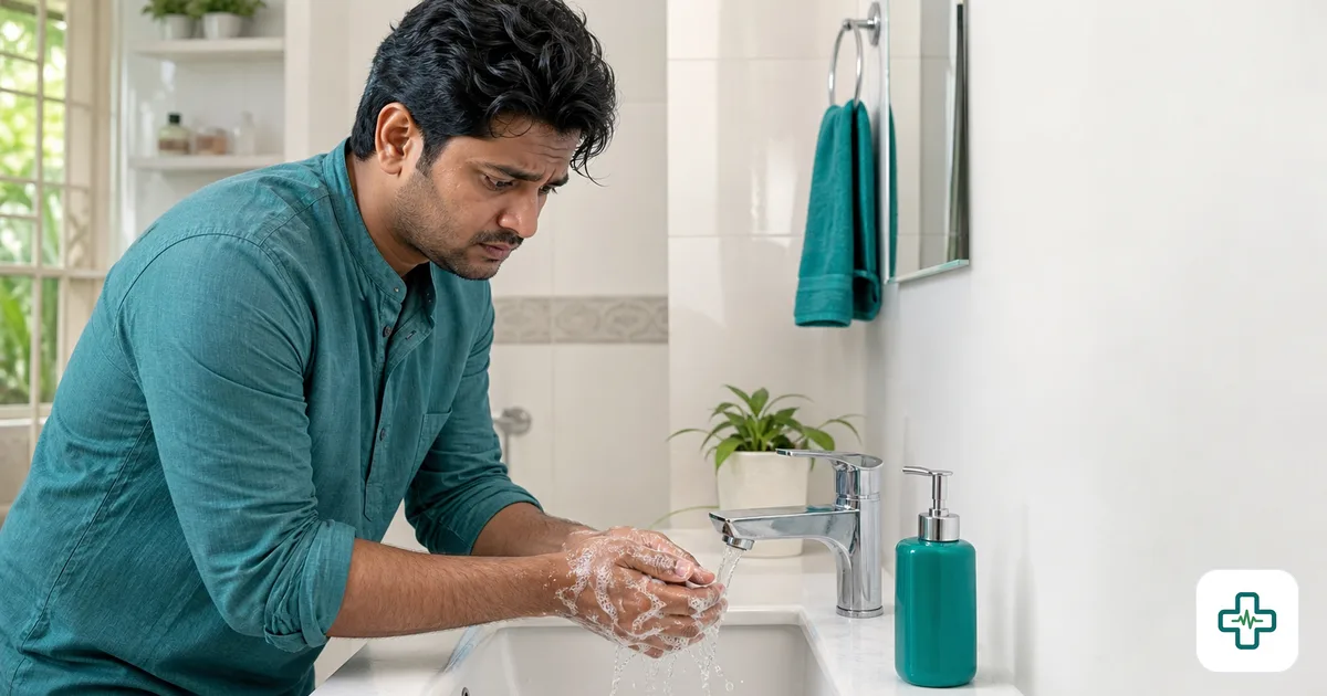 A person anxiously washing their hands repeatedly at a sink with a tense, worried expression, illustrating an OCD compulsion to clean