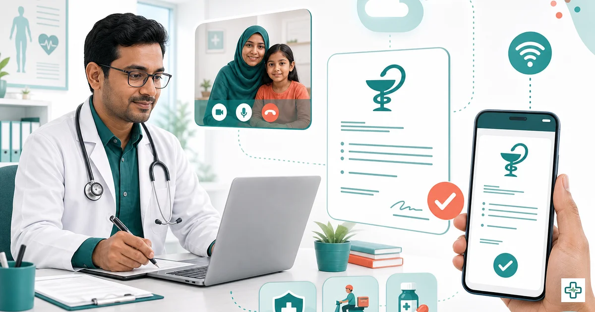 A doctor writing a prescription online on a laptop during a telemedicine consultation in Bangladesh