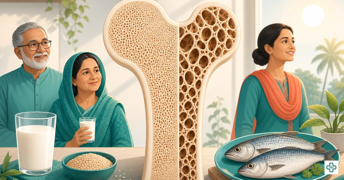Illustration comparing healthy dense bone with weakened porous osteoporosis bone after age forty