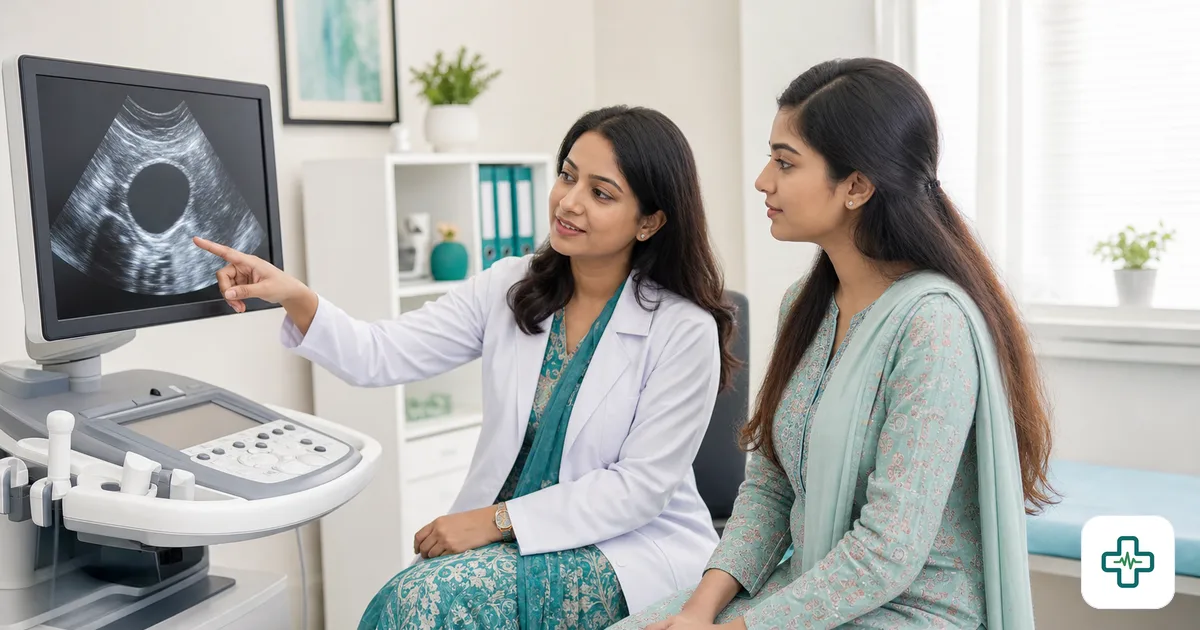 Photorealistic image of a gynaecologist showing a young woman a pelvic ultrasound scan of an ovarian cyst on a monitor in a bright clinic