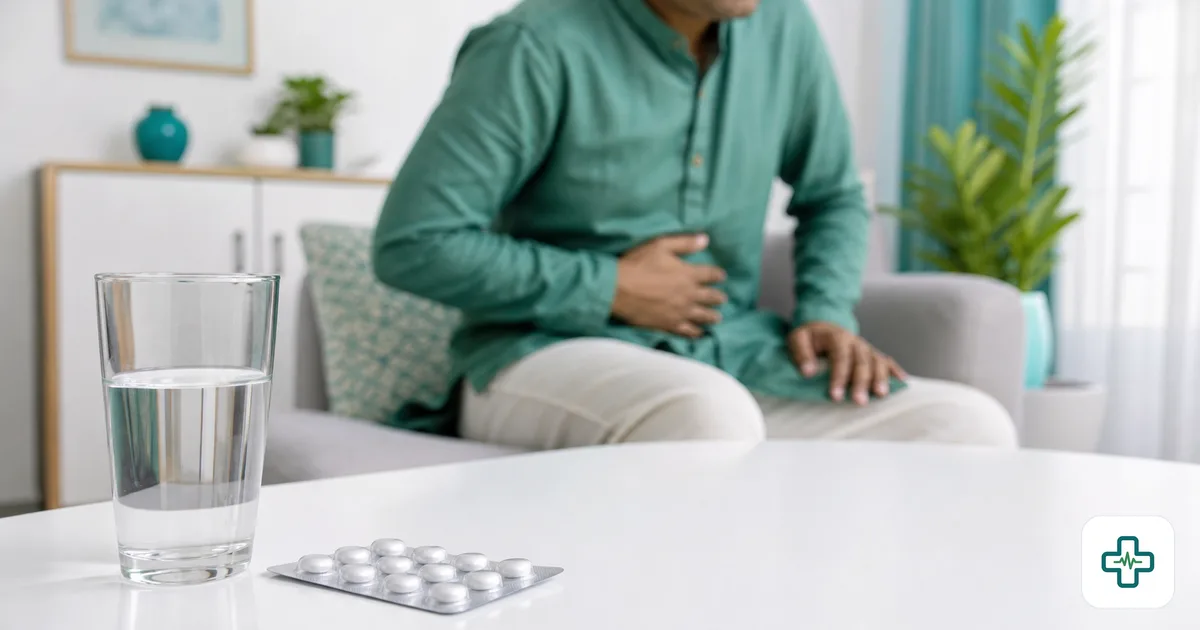 A blister pack of painkiller tablets next to a glass of water on a table, with a person pressing a hand to their stomach in discomfort in the soft-focus background