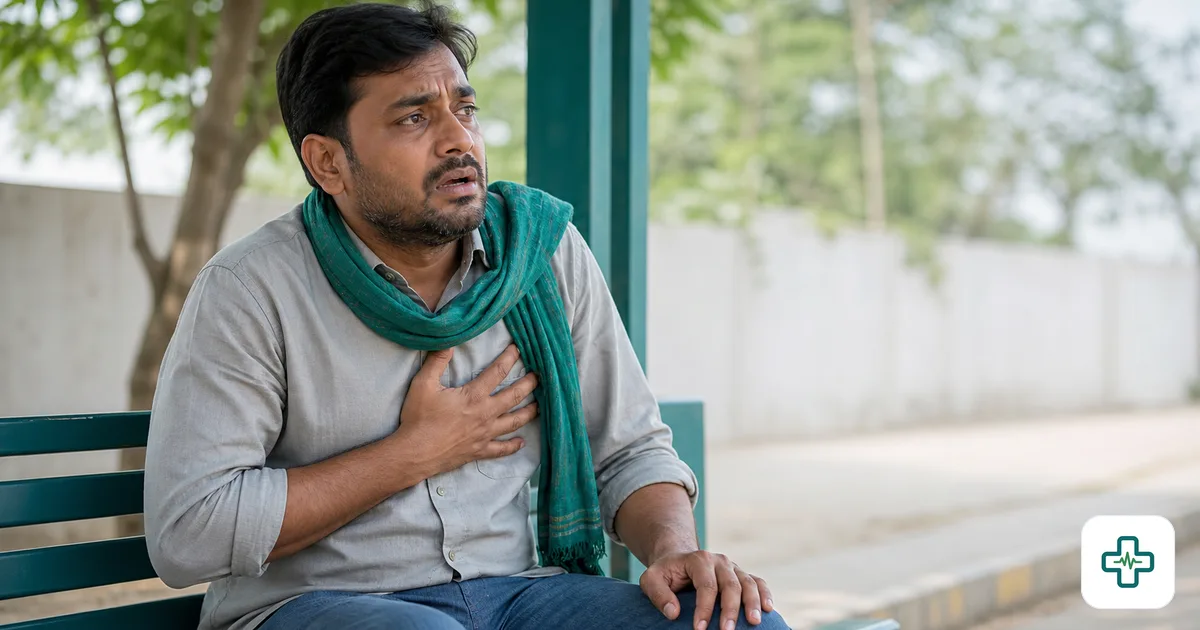 A man sitting on a bench clutching his chest with a frightened expression during a sudden panic attack, breathing hard with one hand on his heart