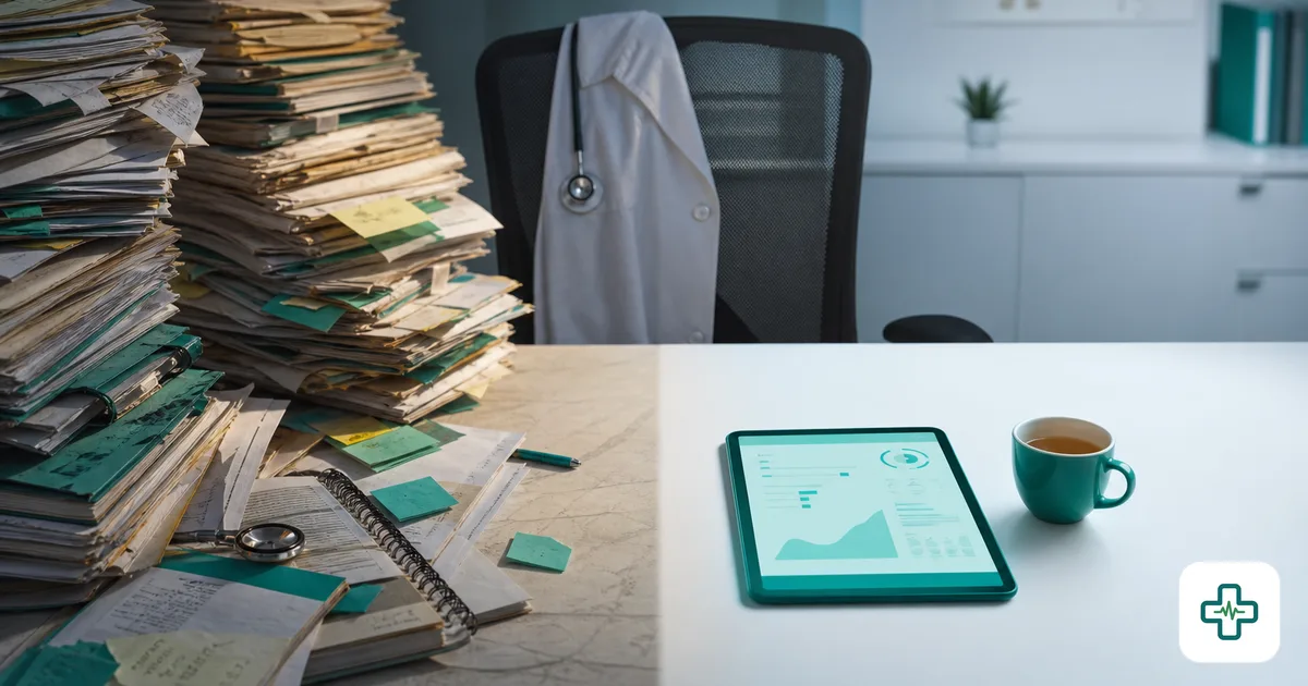 Doctor's desk split between cluttered paper registers and a clean tablet showing digital chamber management