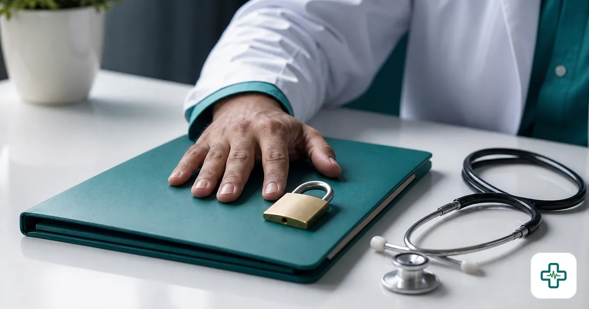 Doctor's hand protecting a patient file secured with a padlock, illustrating medical data privacy