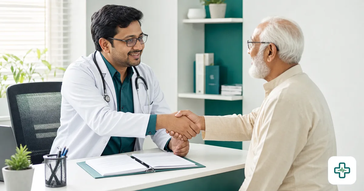 Bangladeshi doctor warmly greeting a returning patient with the medical history file open on the desk