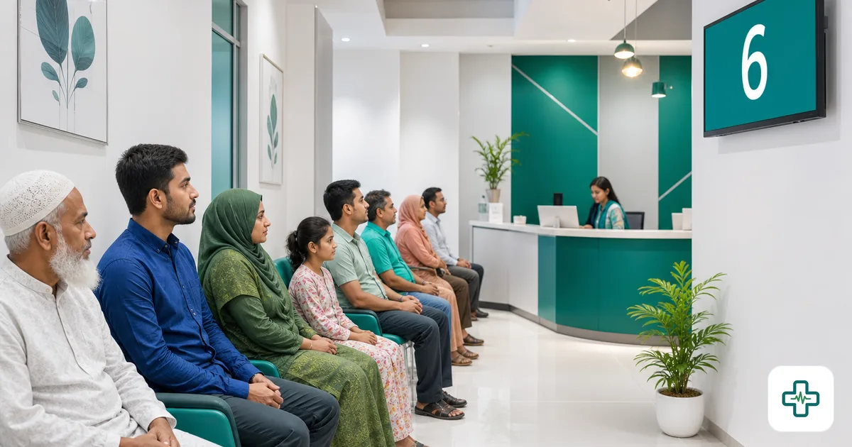 A waiting room display screen showing the current patient serial number at a Bangladeshi doctor's chamber