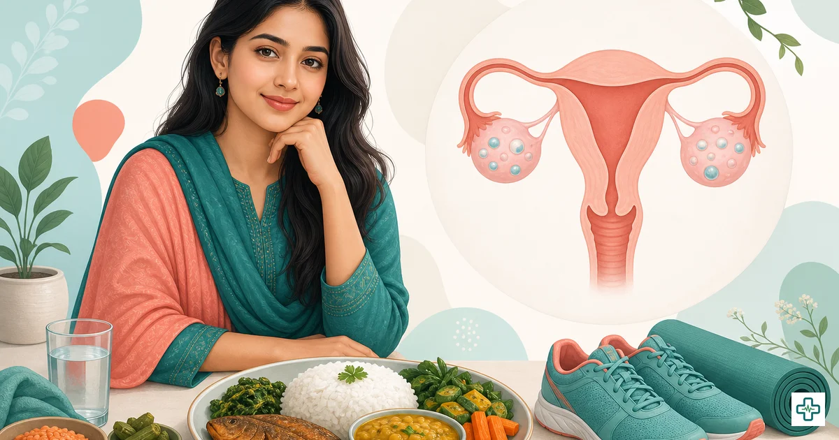Illustration of a young Bangladeshi woman with PCOS symptoms and healthy lifestyle choices