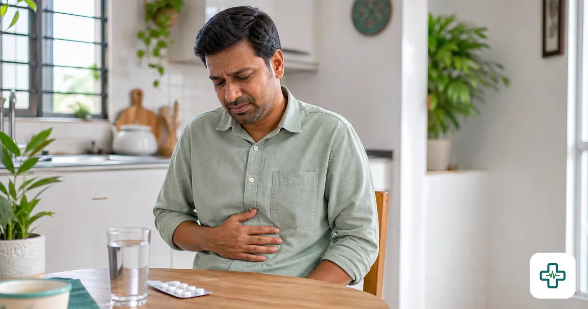 Photorealistic image of a person holding their upper abdomen in discomfort at a kitchen table, with a glass of water and antacid strip nearby, soft daylight
