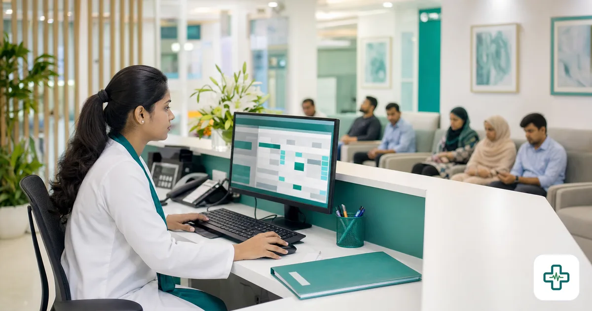 A busy polyclinic front desk in Bangladesh coordinating serials for several specialist doctors at once