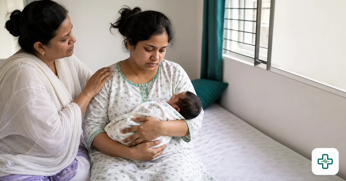 Photorealistic image of a tired new mother sitting by a window holding her newborn while a family member gently comforts her with a hand on her shoulder