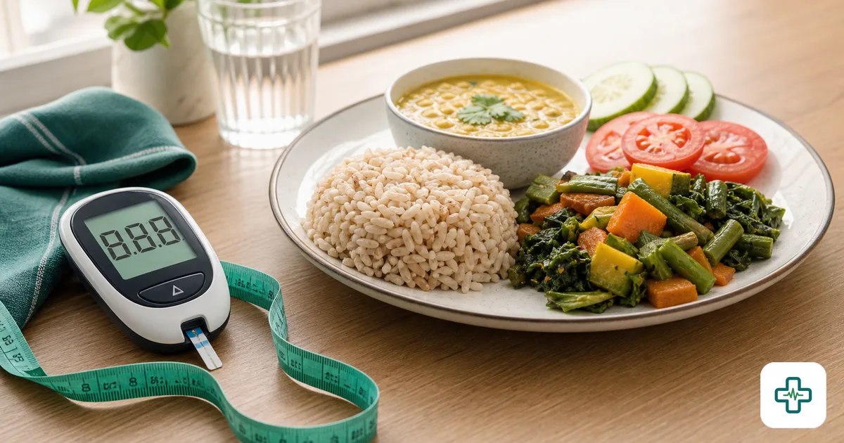 Photorealistic image of a glucometer showing a borderline blood sugar reading beside a healthy plate of brown rice, dal, vegetables and a measuring tape on a wooden table