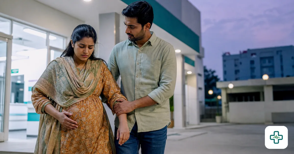 A photorealistic image of a worried pregnant Bangladeshi woman holding her belly while her husband helps her toward a hospital entrance at dusk