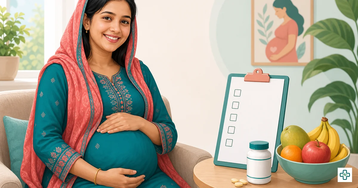 Illustration of a pregnant Bangladeshi woman with healthy food and prenatal checklist