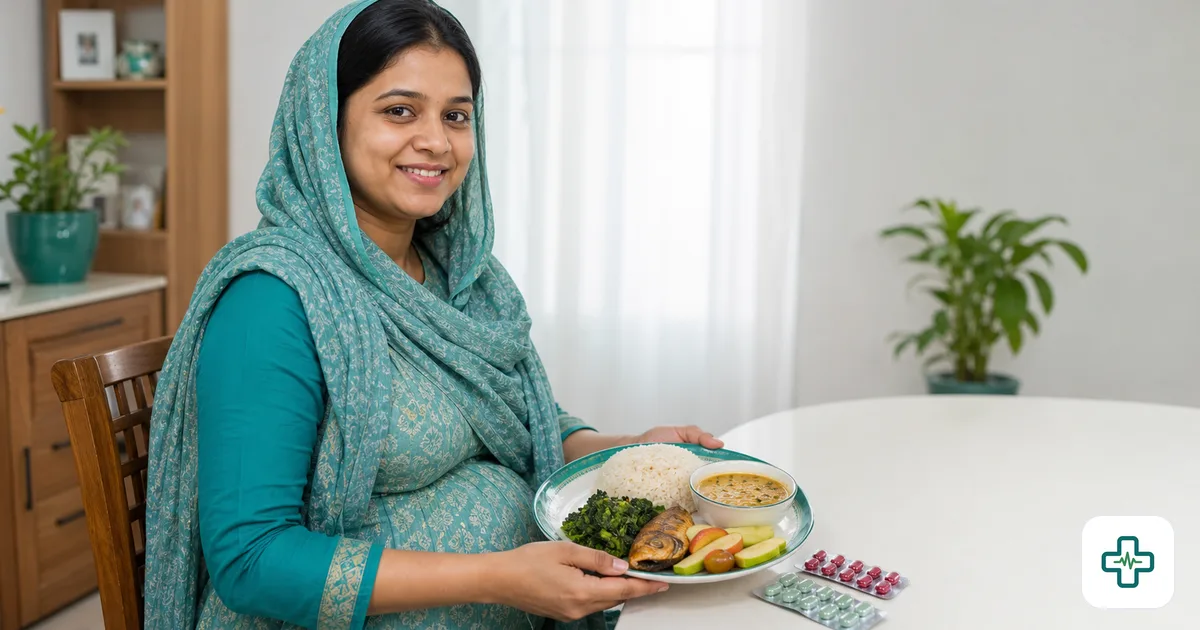 Photorealistic image of a pregnant Bangladeshi woman holding a balanced plate of rice, dal, fish, leafy greens and fruit, with iron and folic acid supplement strips on the table