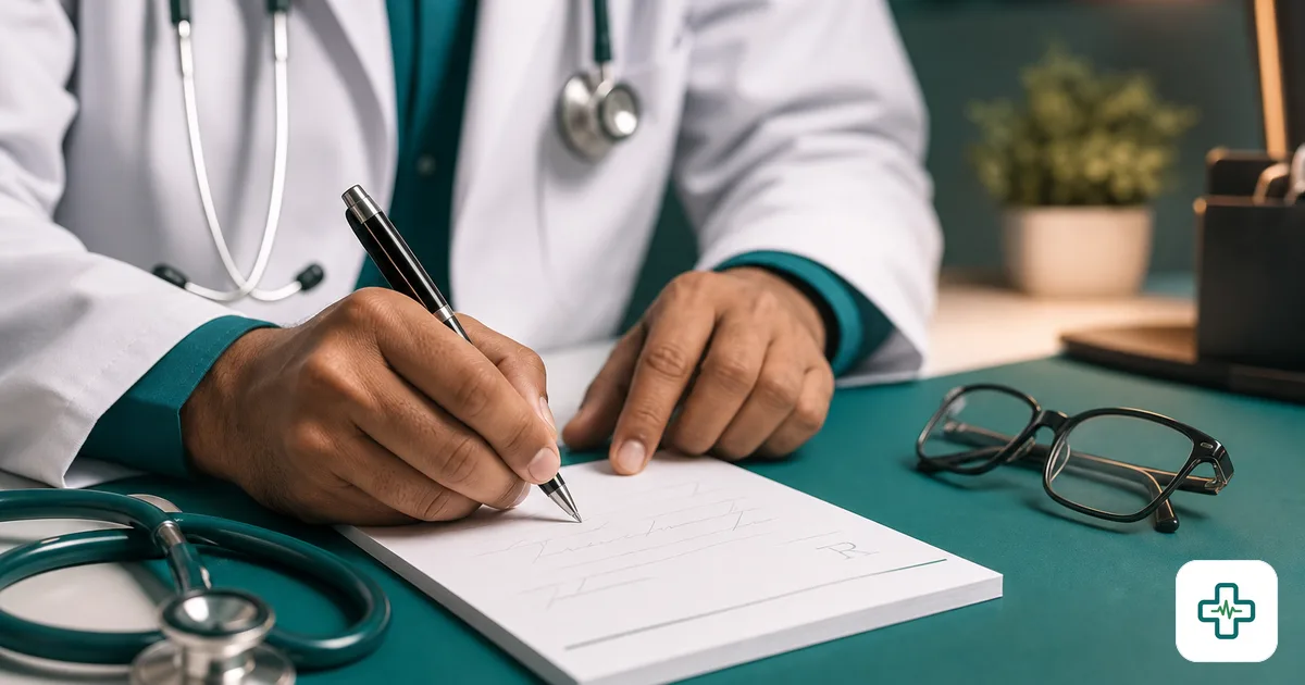 Close-up of a Bangladeshi doctor carefully writing a prescription following correct BMDC prescription rules