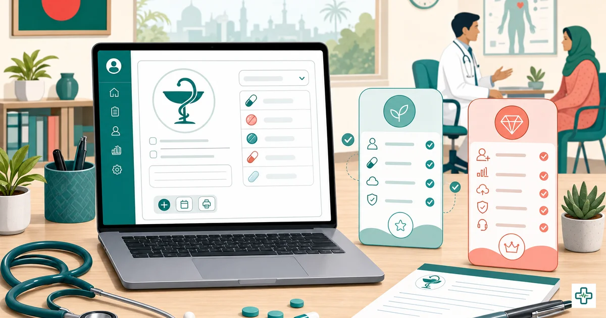 Prescription writing software on a laptop showing a digital prescription for a doctor in Bangladesh