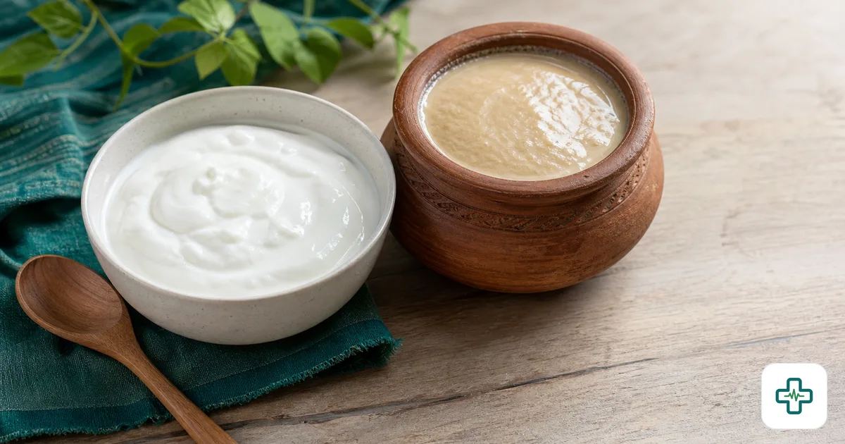 A bowl of fresh white plain yogurt with a wooden spoon beside a clay pot of Bangladeshi doi on a wooden table