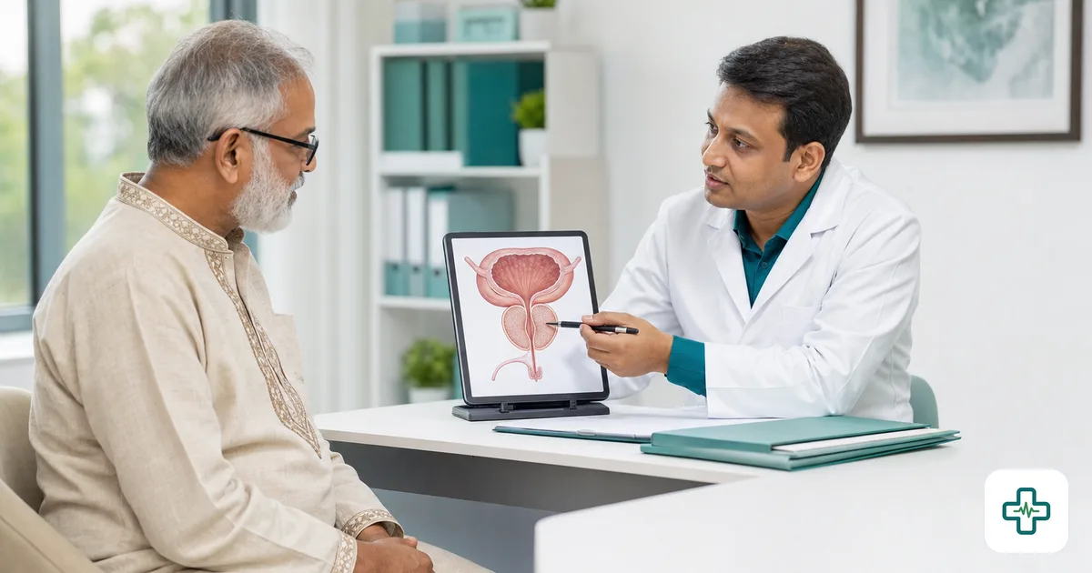 An older Bangladeshi man in conversation with a male urologist who points to a diagram of the prostate gland in a calm clinic setting