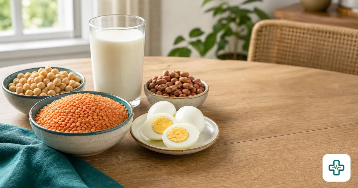 A photorealistic image of an assortment of plant proteins including bowls of lentils, chickpeas, peanuts, a glass of milk and boiled eggs on a wooden table