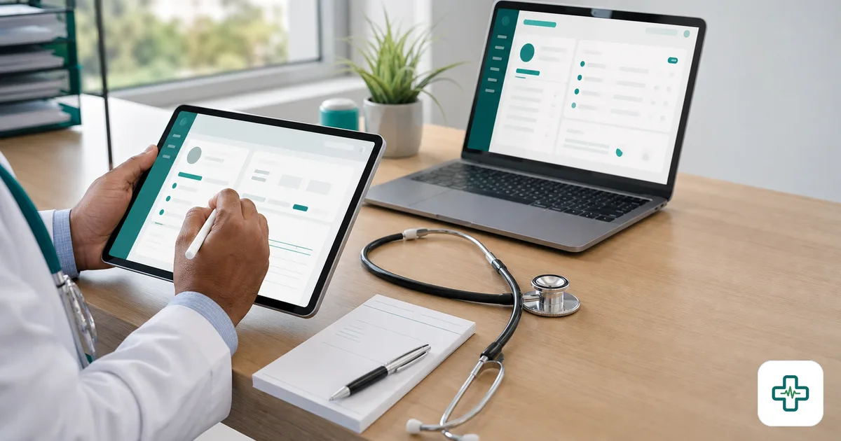 Bangladeshi doctor comparing prescription software options on a laptop in a chamber
