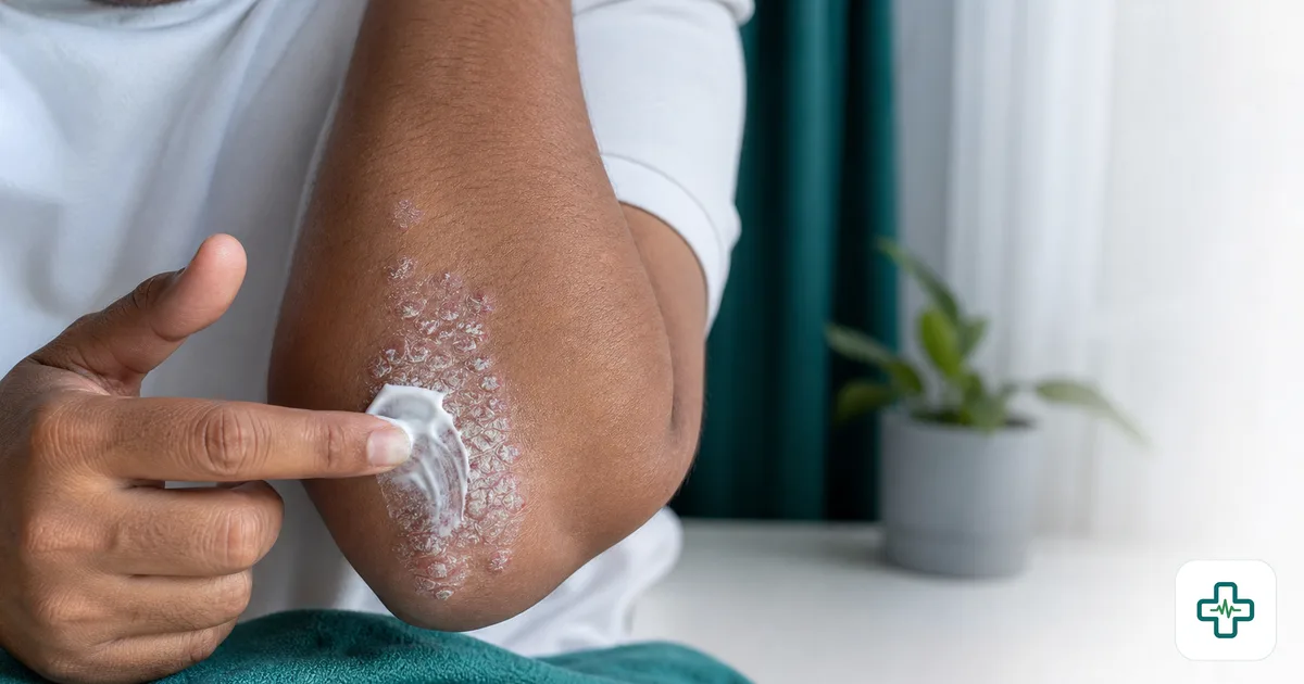 Close-up of silvery scaly psoriasis plaques on an elbow with a hand applying moisturising cream in soft natural light
