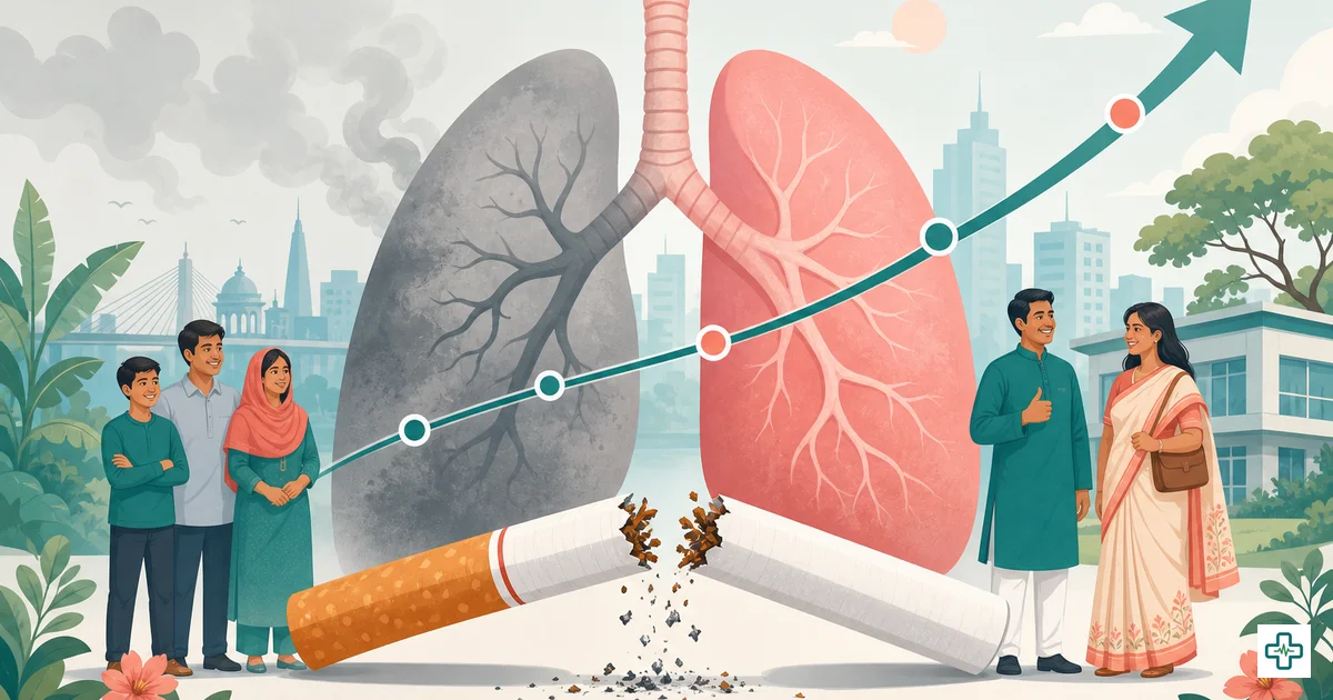 Illustration of a person breaking a cigarette with a healthy-heart recovery timeline