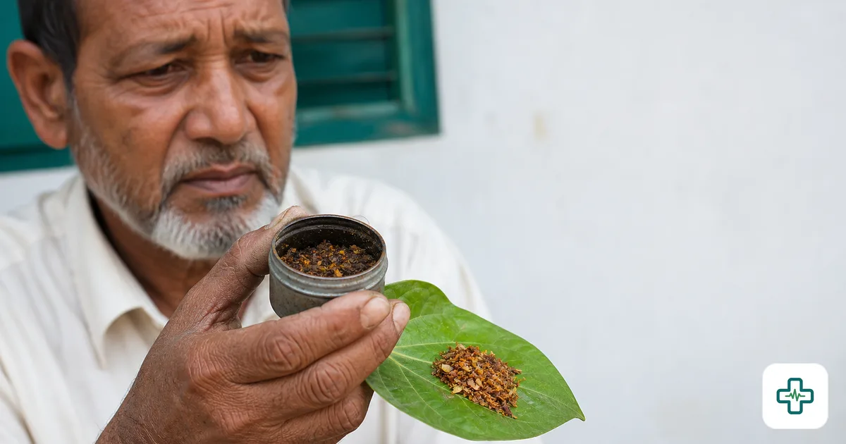 Photorealistic close-up of an older man's hand holding a small tin of gul and a paan leaf with zarda, with a worried expression in soft natural light